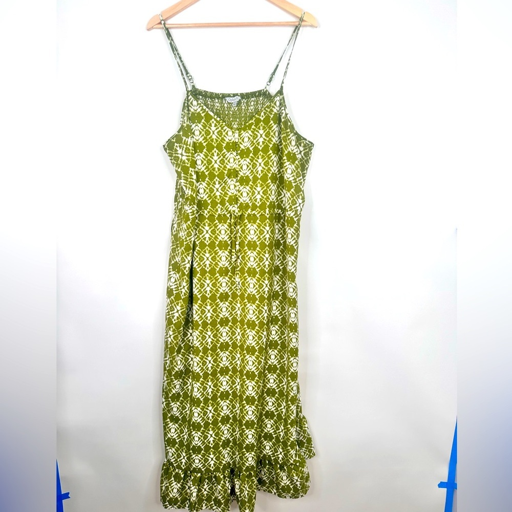 Ophelia Roe Drawstring Waist Smocked back Sundress Flounced‎ Green White Sz 2x